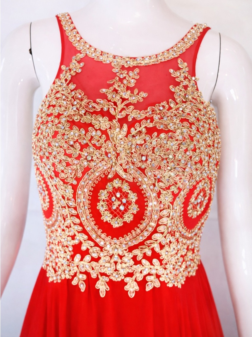 💎 ANNY LEE - LIKE NEW Red Gold Embroidered Prom Princess Formal Maxi Dress Sz S - Picture 6 of 10